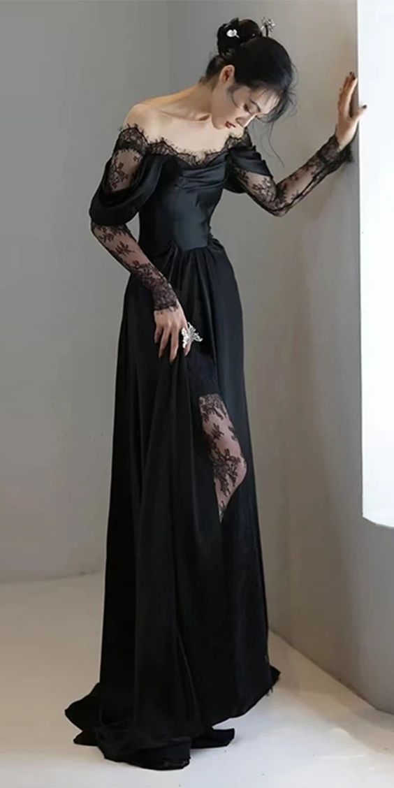 Fairytale Mermaid Long Sleeves Lace Black Off The Shoulder Wedding Dress