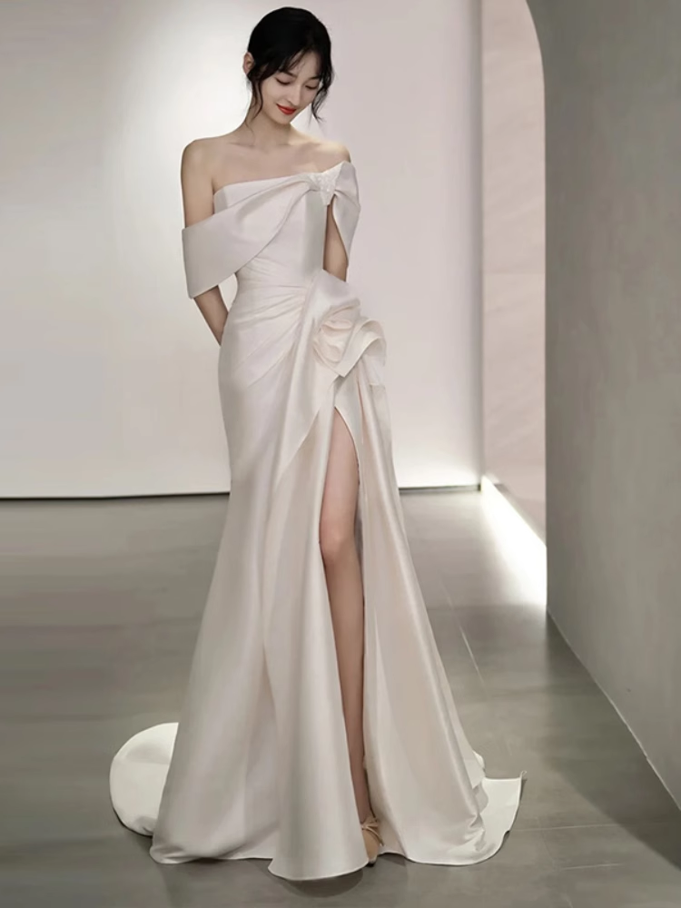 Fairytale Mermaid Short Sleeves White Off The Shoulder Slit Wedding Dress