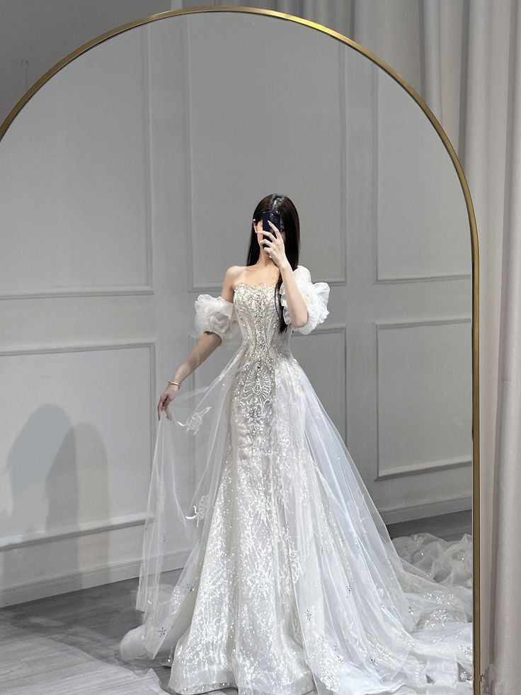 Fairytale Mermaid Short Sleeves White Off The Shoulder Sequin Wedding Dress