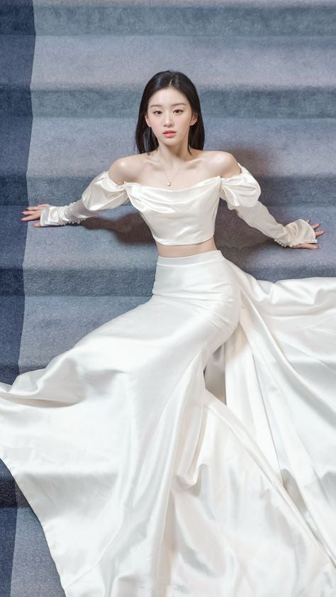 Fairytale Mermaid Long Sleeves White Off The Shoulder 2 Pieces Wedding Dress