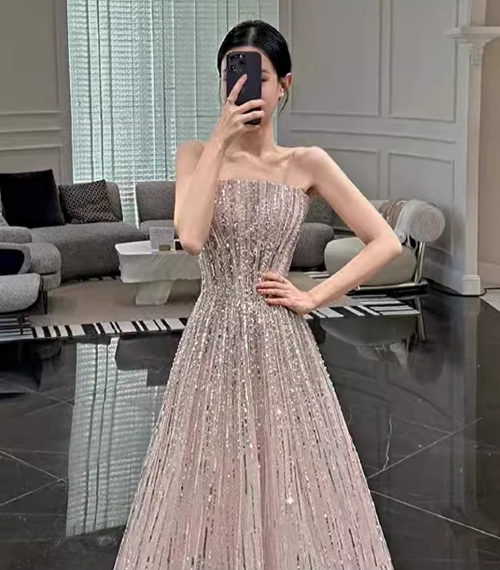 Sexy A Line Strapless Sleeveless Sequin Long Prom Dress