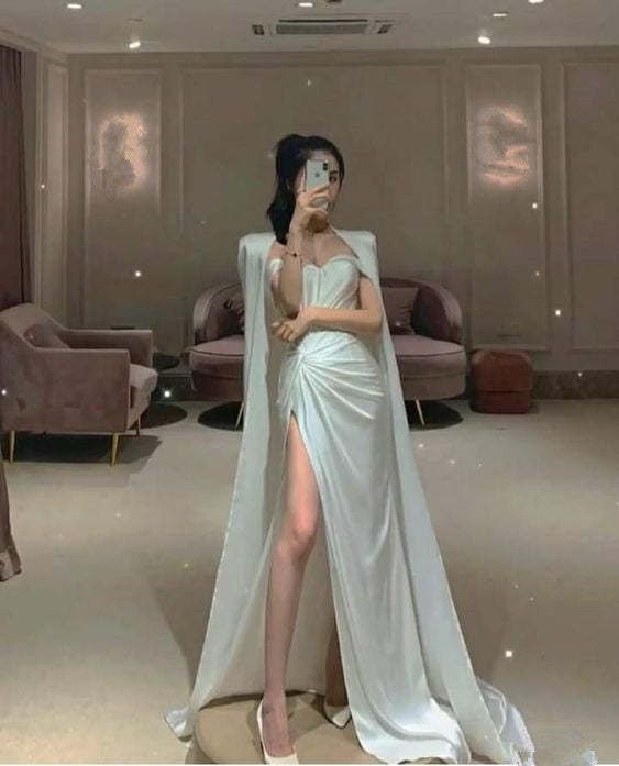 Fairytale Mermaid Sweetheart Satin White High Slit Long Wedding Dress