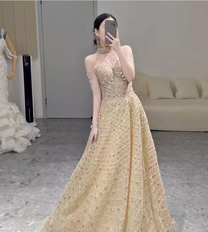 Sexy A Line High Neckline Sleeveless Sequin Long Prom Dress