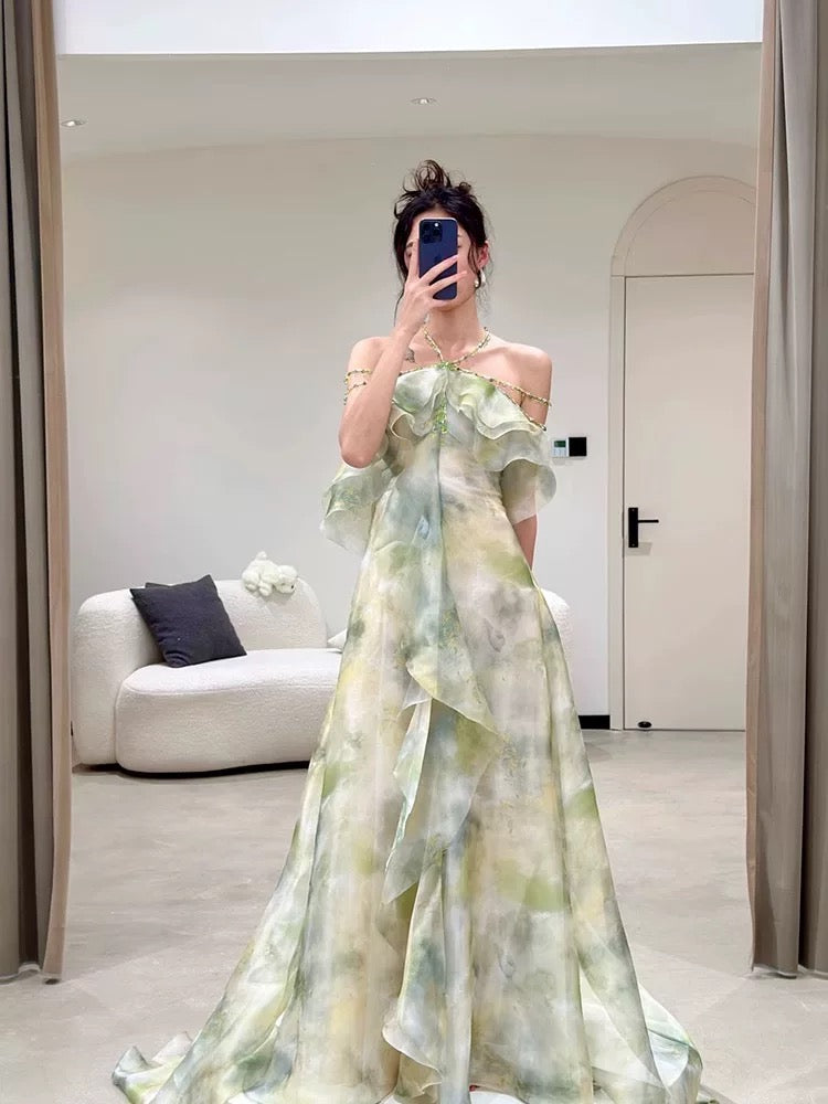 Elegant A Line Halter Chiffon Ombre Green Long Prom Dresses Evening Party Dress