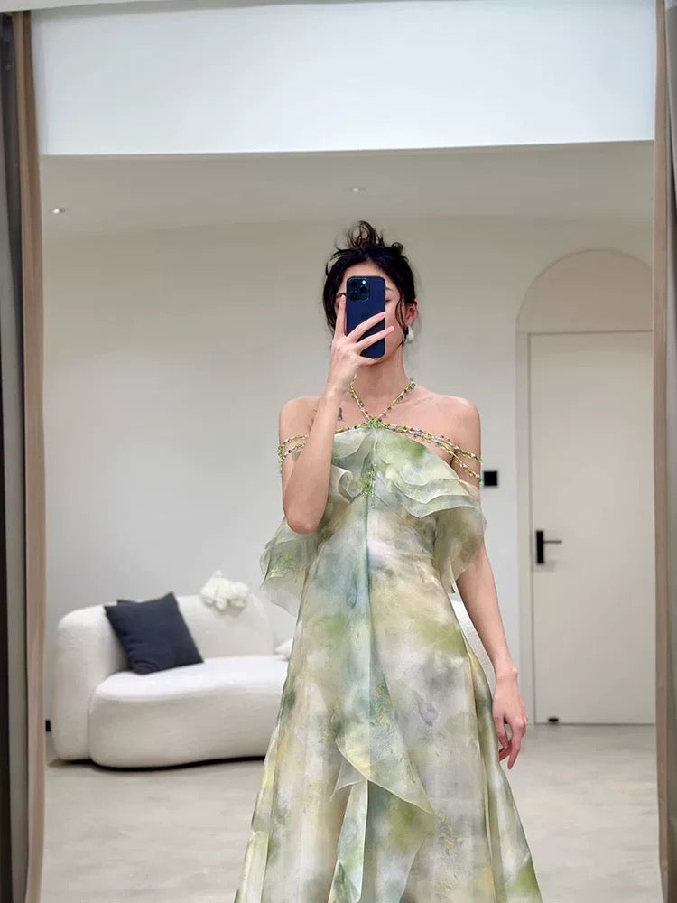 Elegant A Line Halter Chiffon Ombre Green Long Prom Dresses Evening Party Dress