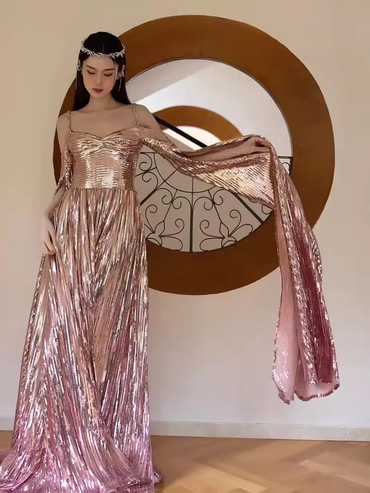 Sexy A Line Straps Neckline Long Sleeves Sequin Long Prom Dress