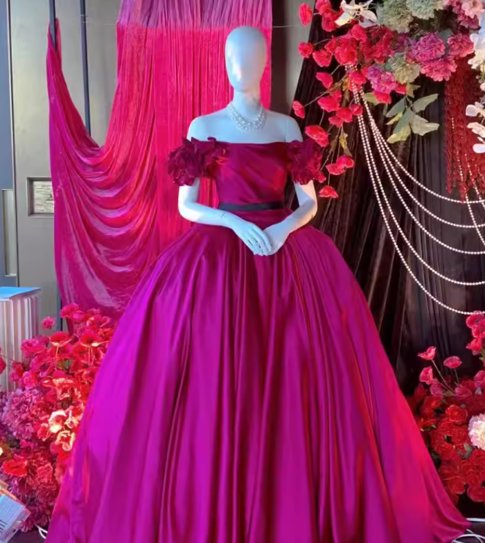 Sexy Ball Gown Off The Shoulder Cap Sleeves Satin Long Prom Dress