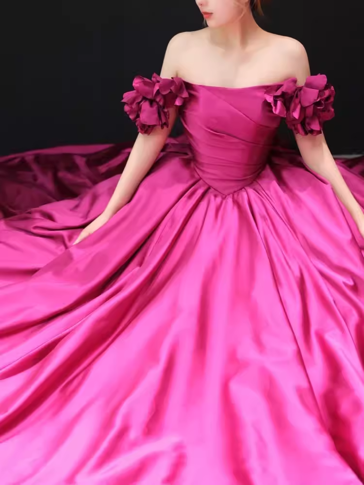 Sexy Ball Gown Off The Shoulder Cap Sleeves Satin Long Prom Dress