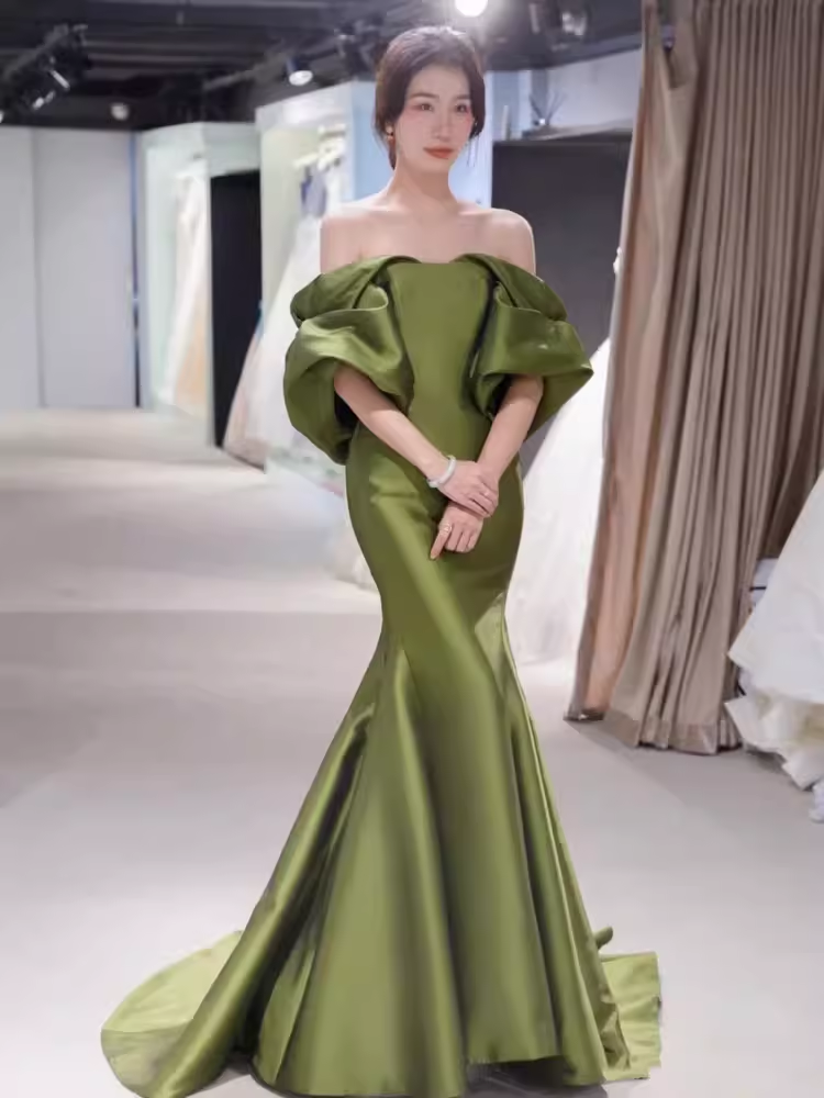 Sexy Mermaid Off The Shoulder Short Sleeves Green Long Prom Dress