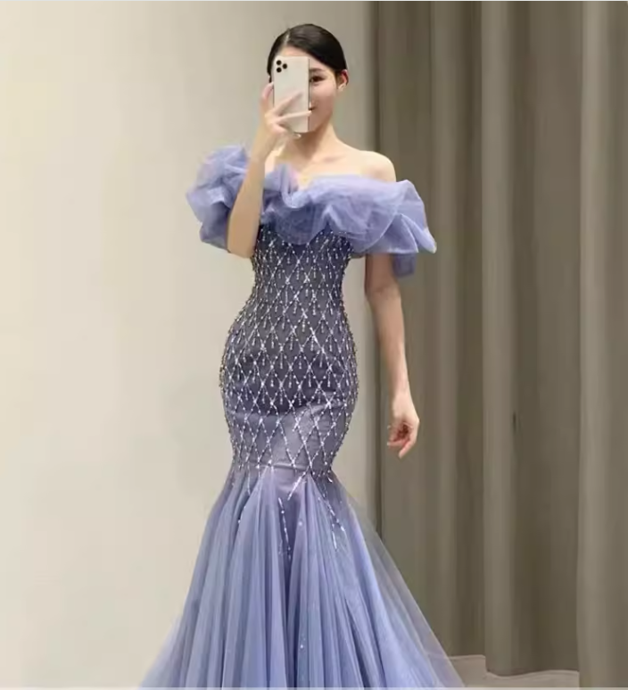 Sexy Mermaid Off The Shoulder Short Sleeves Blue Long Prom Dress