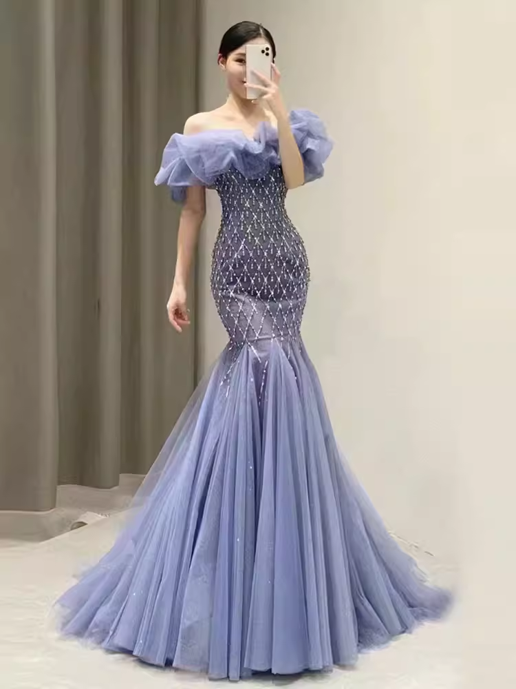 Sexy Mermaid Off The Shoulder Short Sleeves Blue Long Prom Dress