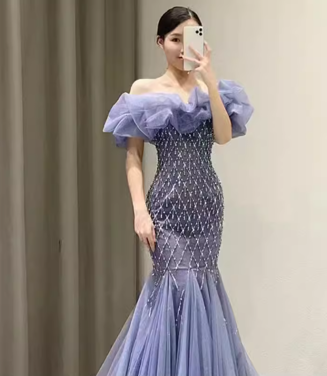 Sexy Mermaid Off The Shoulder Short Sleeves Blue Long Prom Dress