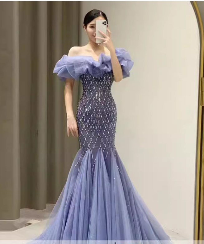 Sexy Mermaid Off The Shoulder Short Sleeves Blue Long Prom Dress