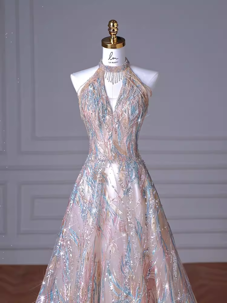 Sexy A line High Neckline Sequin Long Evening Dress Beading Prom Dress