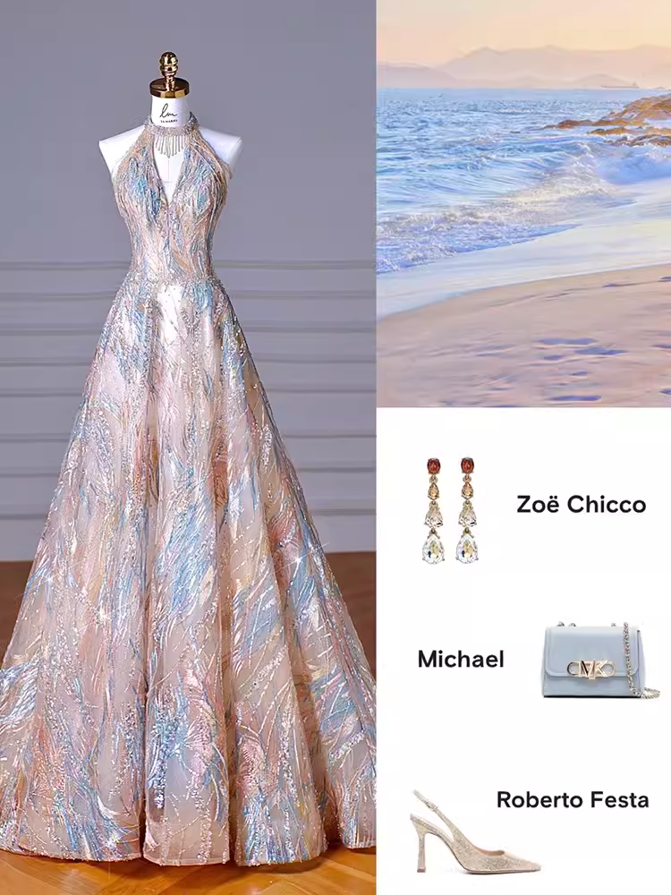Sexy A line High Neckline Sequin Long Evening Dress Beading Prom Dress