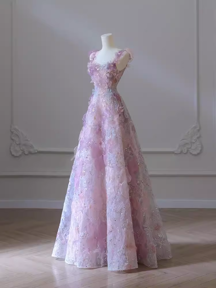 Sexy A line Straps Neckline Floral Long Evening Dress Lace Prom Dress