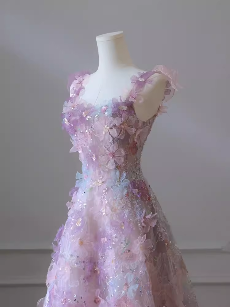 Sexy A line Straps Neckline Floral Long Evening Dress Lace Prom Dress