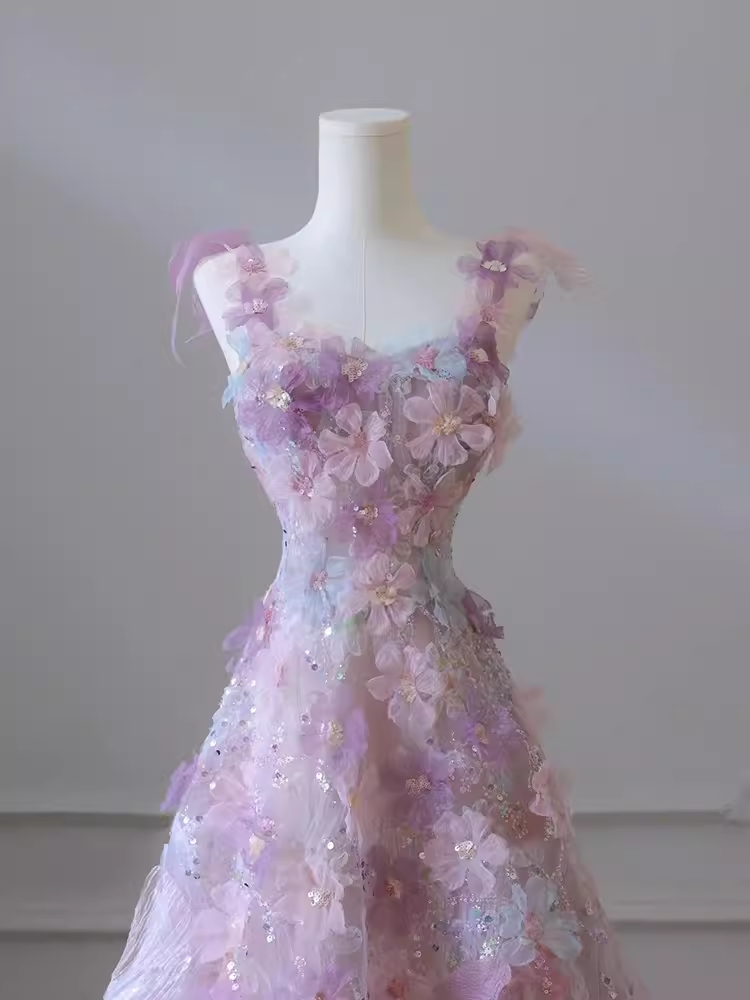 Sexy A line Straps Neckline Floral Long Evening Dress Lace Prom Dress
