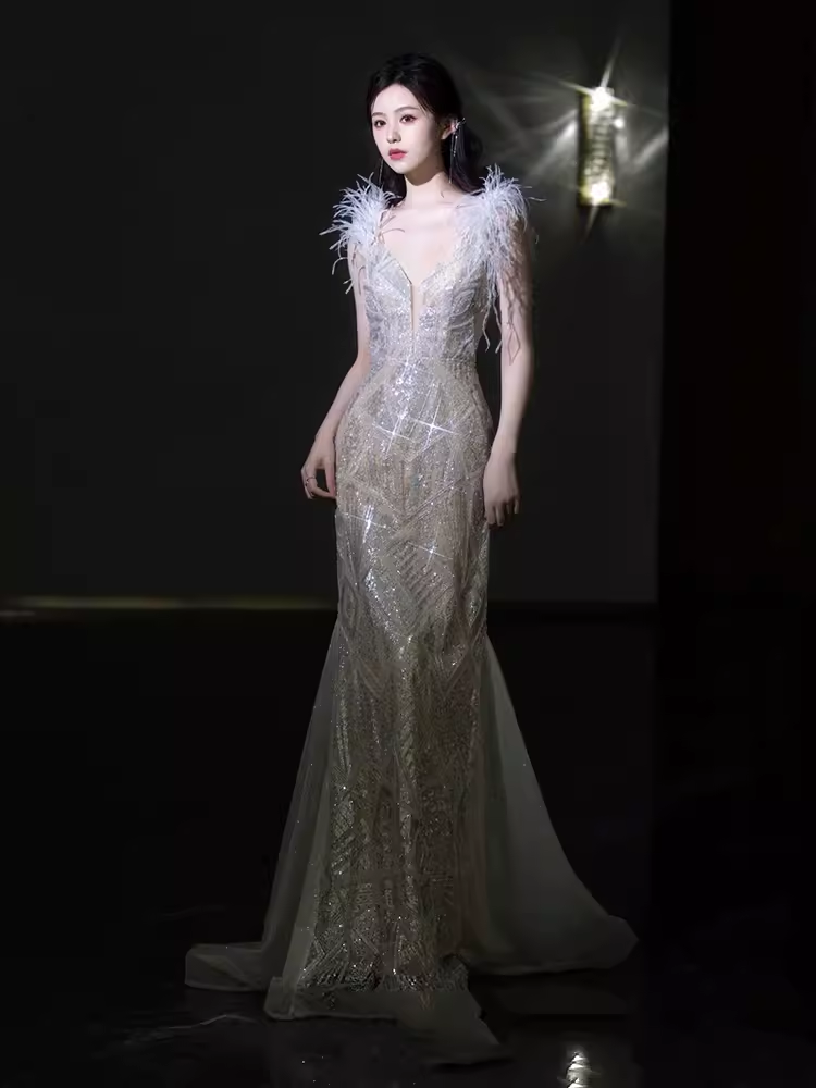 Sexy Mermaid Straps Sequin Long Evening Dress Feather Prom Dress