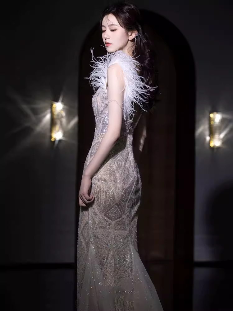 Sexy Mermaid Straps Sequin Long Evening Dress Feather Prom Dress