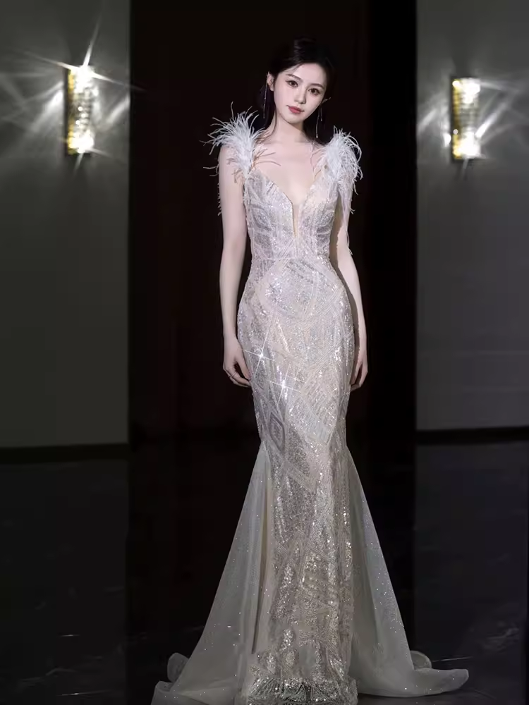 Sexy Mermaid Straps Sequin Long Evening Dress Feather Prom Dress