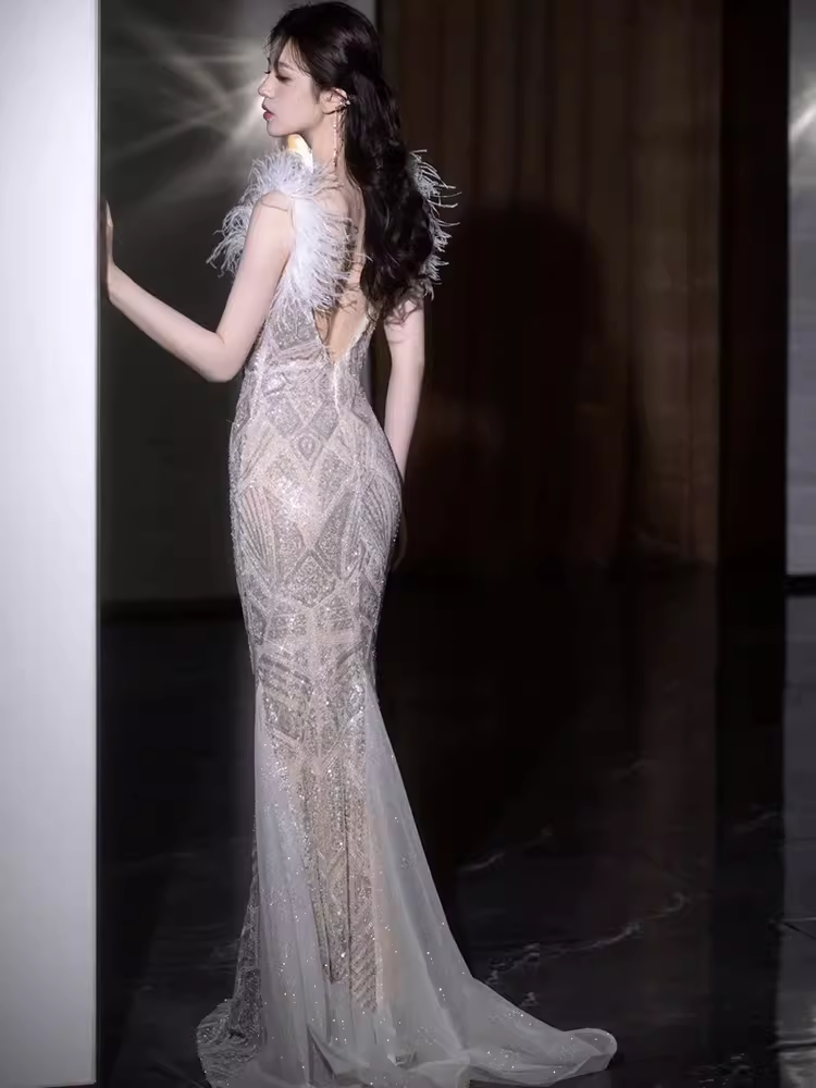 Sexy Mermaid Straps Sequin Long Evening Dress Feather Prom Dress