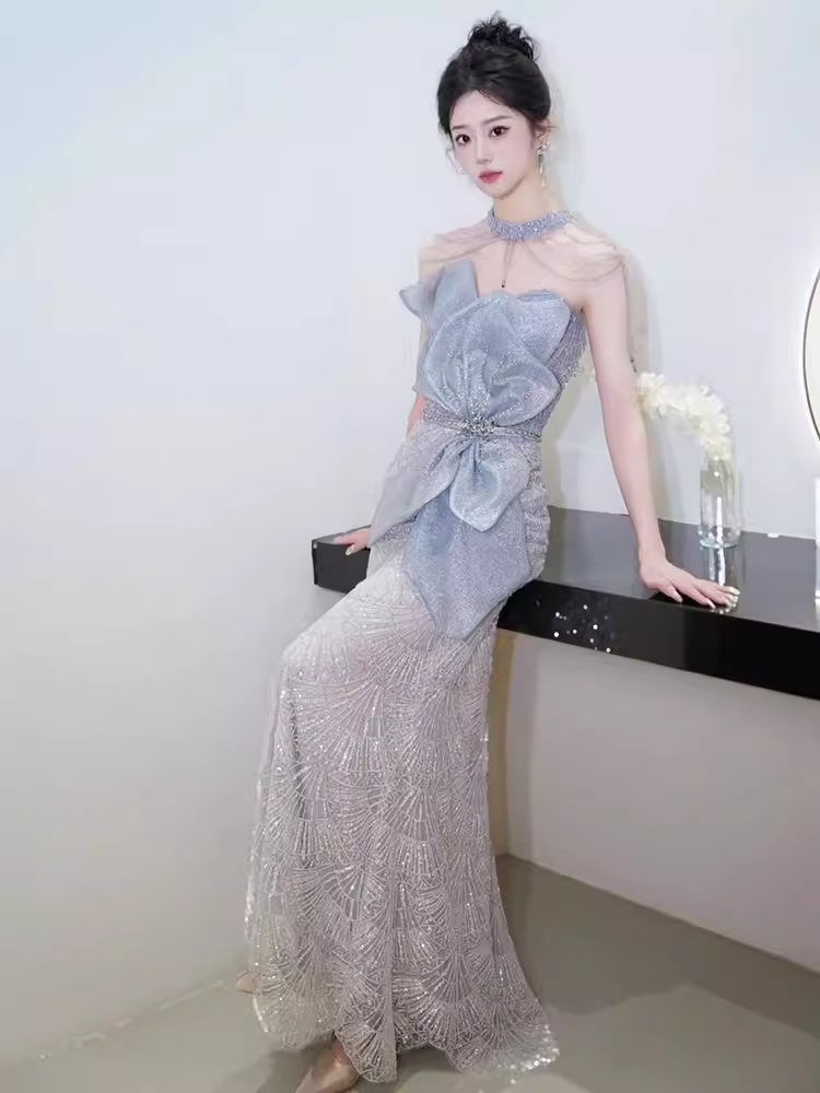Sexy Mermaid High Neckline Sequin Long Evening Dress Beads Prom Dress