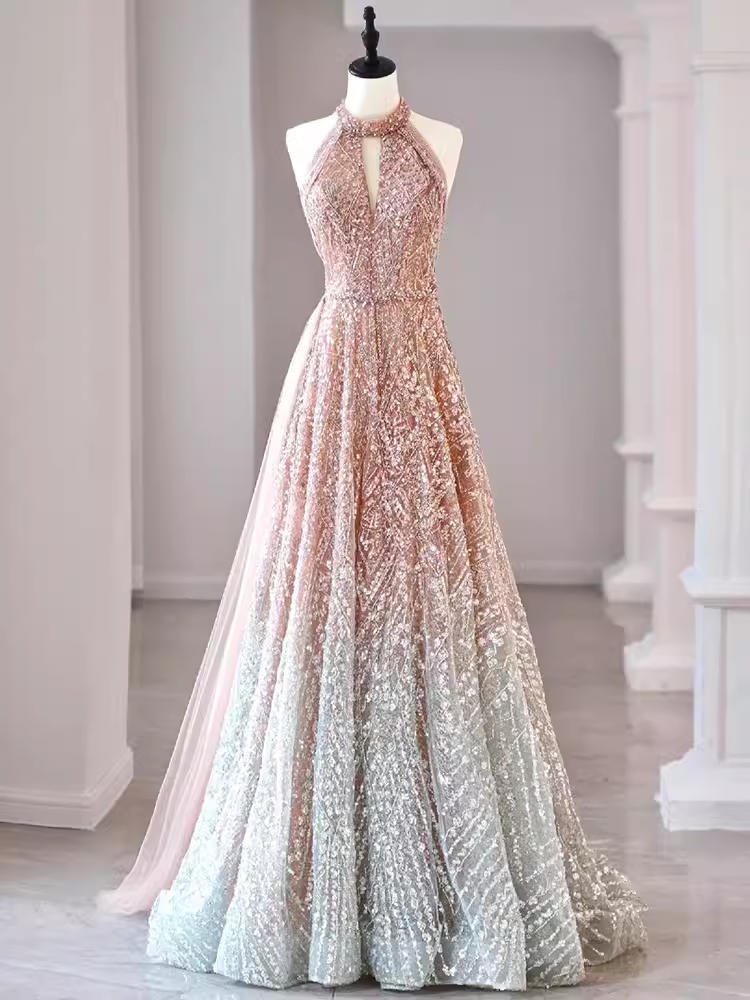 Sexy A Line High Neckline Sequin Long Evening Dress Beads Prom Dress
