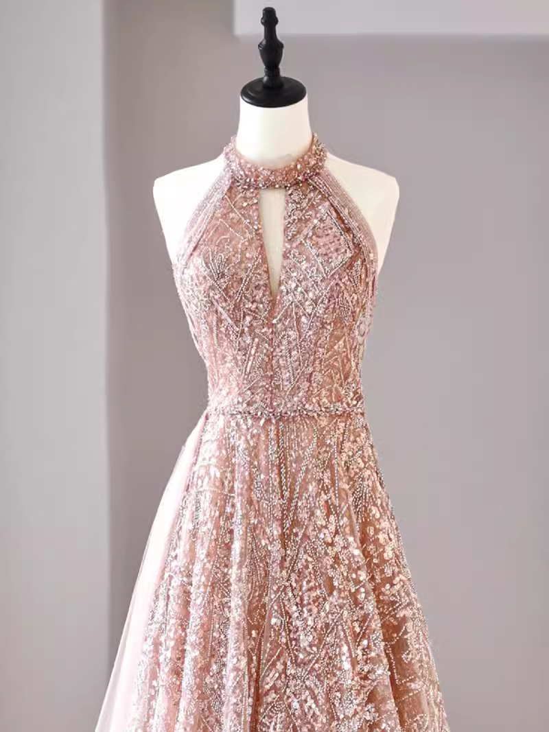 Sexy A Line High Neckline Sequin Long Evening Dress Beads Prom Dress