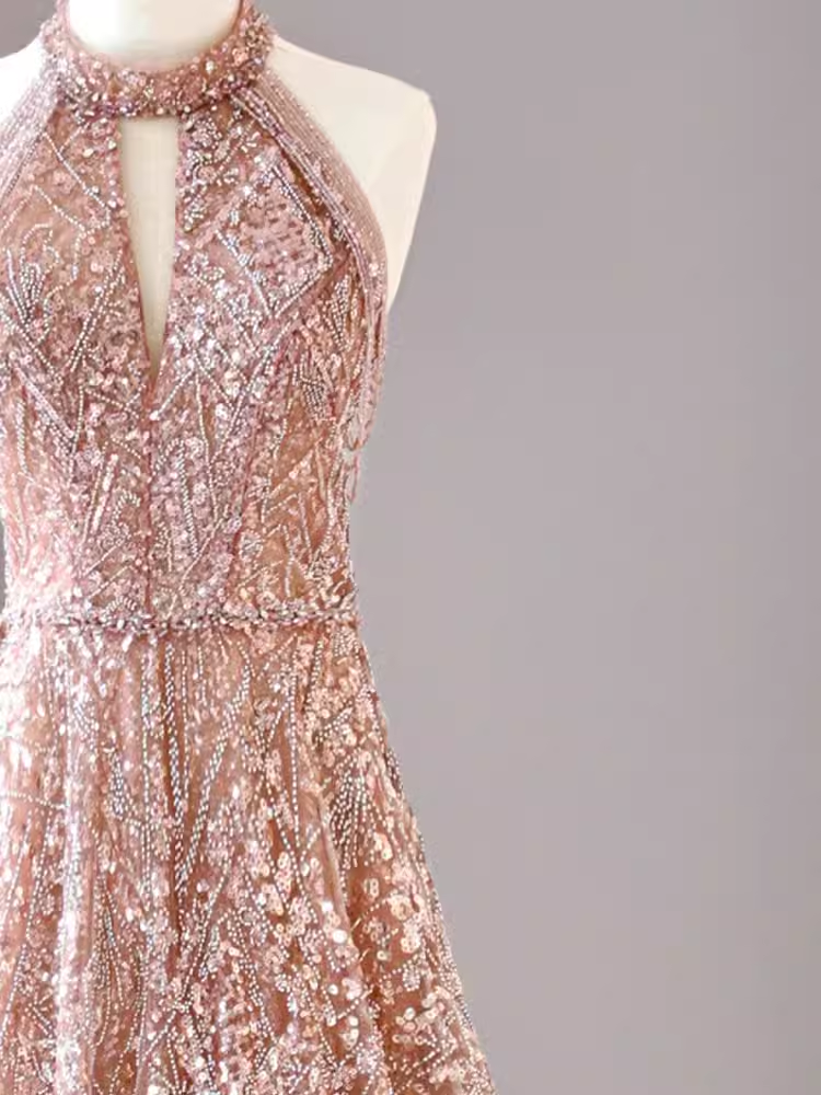 Sexy A Line High Neckline Sequin Long Evening Dress Beads Prom Dress