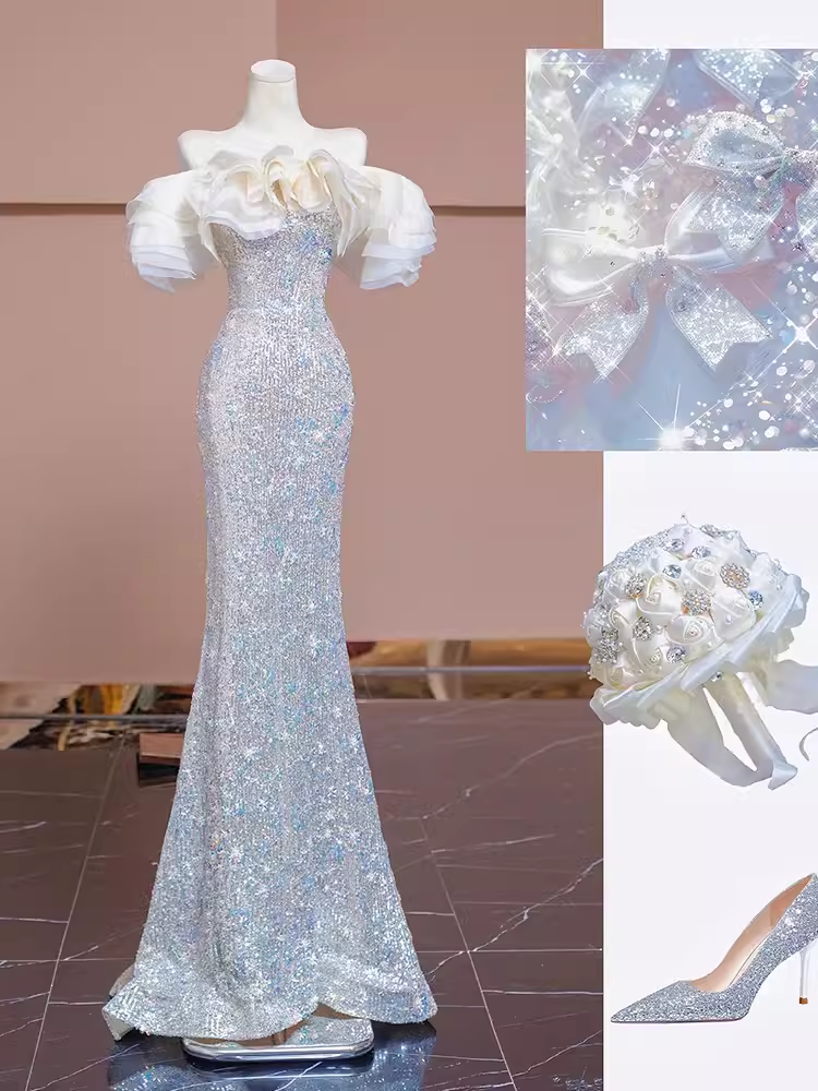 Modest Mermaid Off The Shoulder Sequin Long Evening Dress Beads Prom Dress