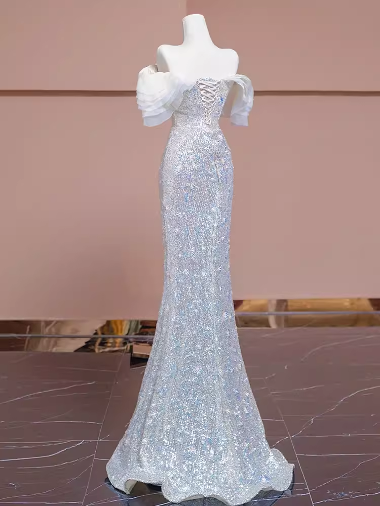 Modest Mermaid Off The Shoulder Sequin Long Evening Dress Beads Prom Dress