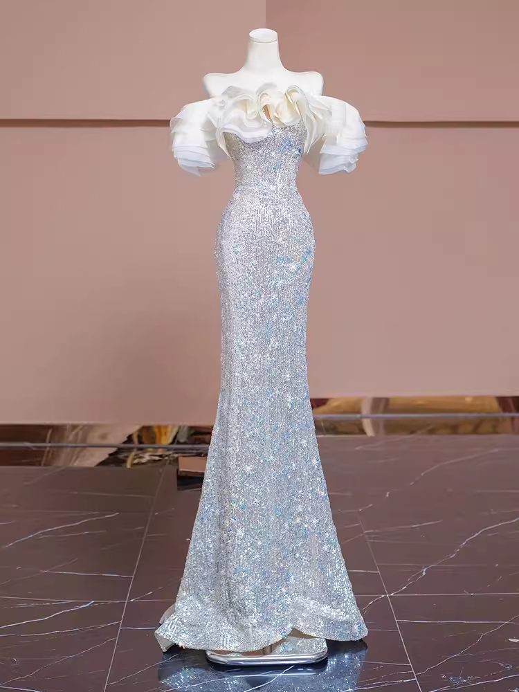 Modest Mermaid Off The Shoulder Sequin Long Evening Dress Beads Prom Dress