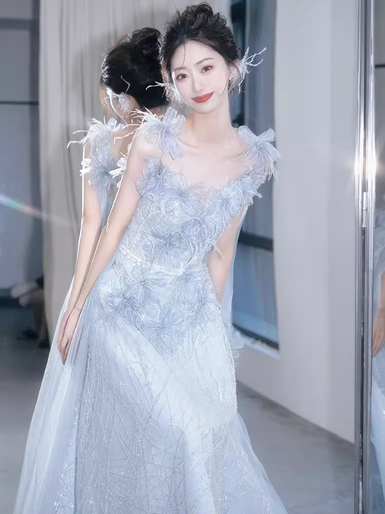 Fairytale Mermaid Straps Gray Sequin Long Evening Dress Beads Prom Dress