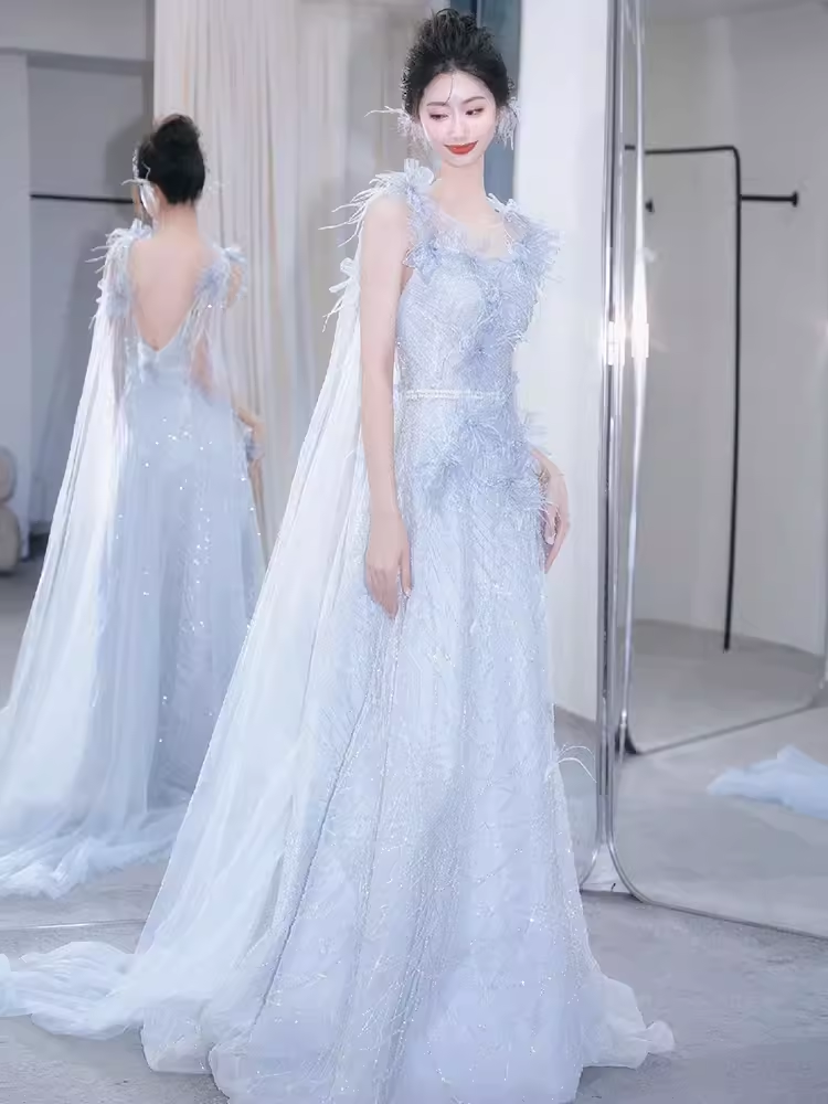 Fairytale Mermaid Straps Gray Sequin Long Evening Dress Beads Prom Dress