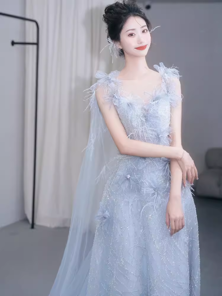 Fairytale Mermaid Straps Gray Sequin Long Evening Dress Beads Prom Dress