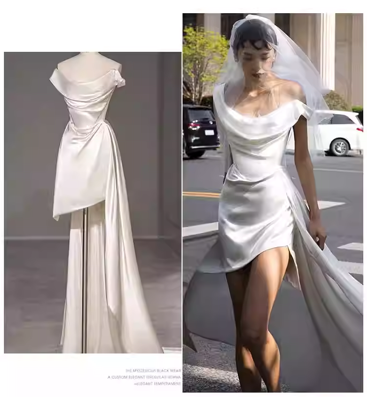 Vintage High Low Off The Shoulder Straps White Satin Wedding Dresses