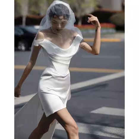 Vintage High Low Off The Shoulder Straps White Satin Wedding Dresses