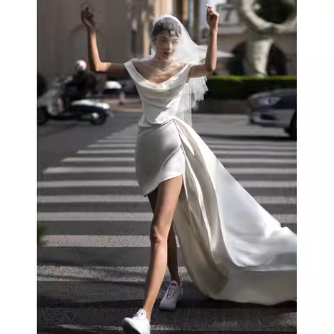 Vintage High Low Off The Shoulder Straps White Satin Wedding Dresses