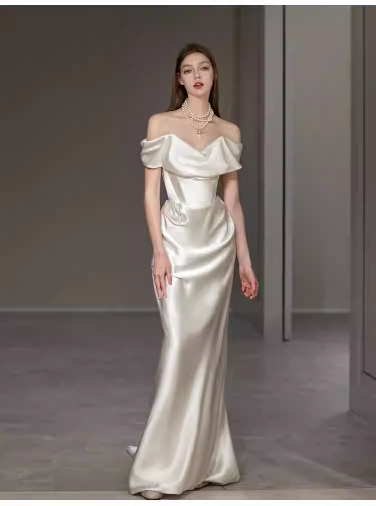 Simple Mermaid Off The Shoulder White Satin Wedding Dresses