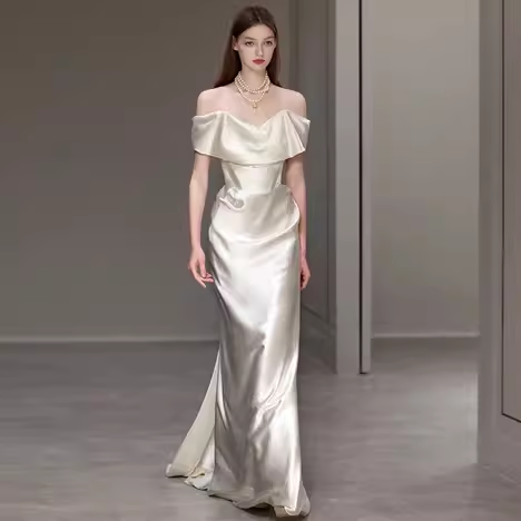 Simple Mermaid Off The Shoulder White Satin Wedding Dresses