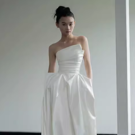 Simple A Line Strapless White Satin Wedding Dresses