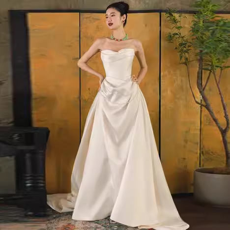 Simple A Line Off The Shoulder Satin Wedding Dresses