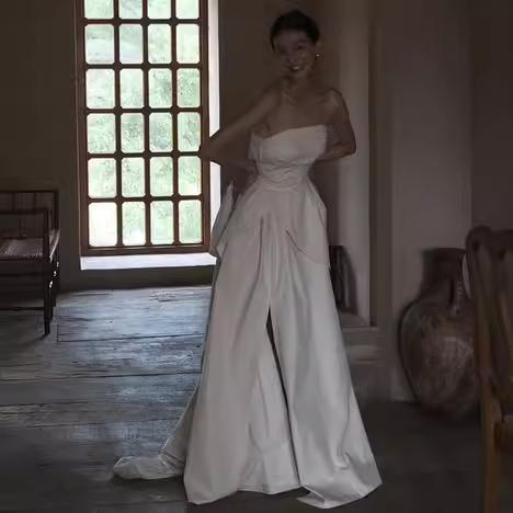Simple A Line Strapless White Slit Satin Wedding Dresses