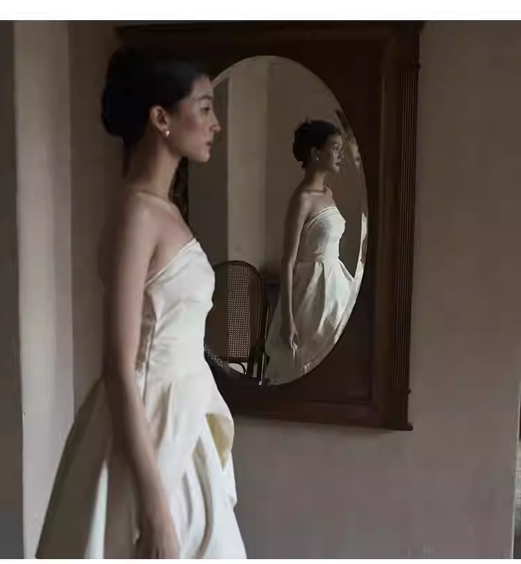 Simple A Line Strapless White Slit Satin Wedding Dresses