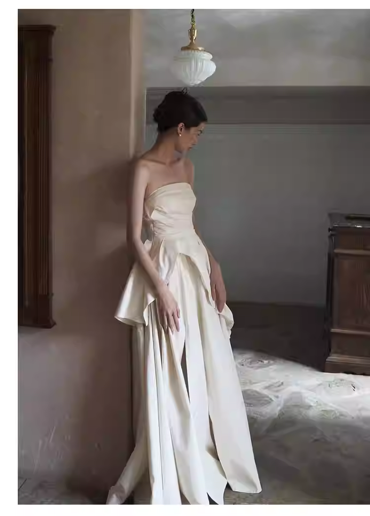Simple A Line Strapless White Slit Satin Wedding Dresses