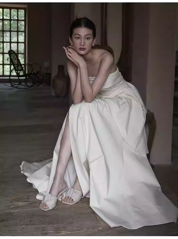 Simple A Line Strapless White Slit Satin Wedding Dresses