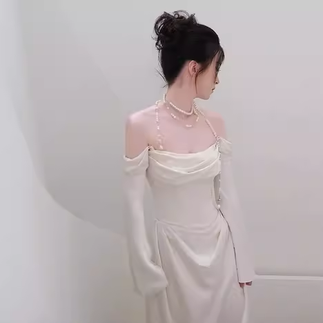 Simple Mermaid Off The Shoulder Long Sleeves White Satin Wedding Dresses