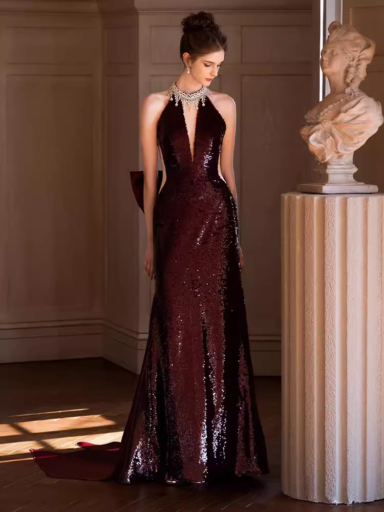 Sexy Mermaid High Neckline Sequin Burgundy Long Prom Dress