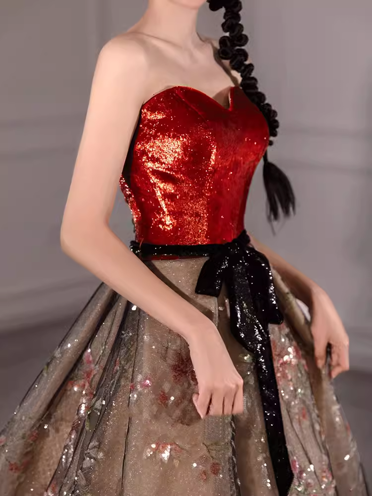 Fairytale Ball Gown Strapless Burgundy Sequin Long Evening Dress Prom Dress